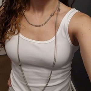 Extra long length silver double chain necklace.